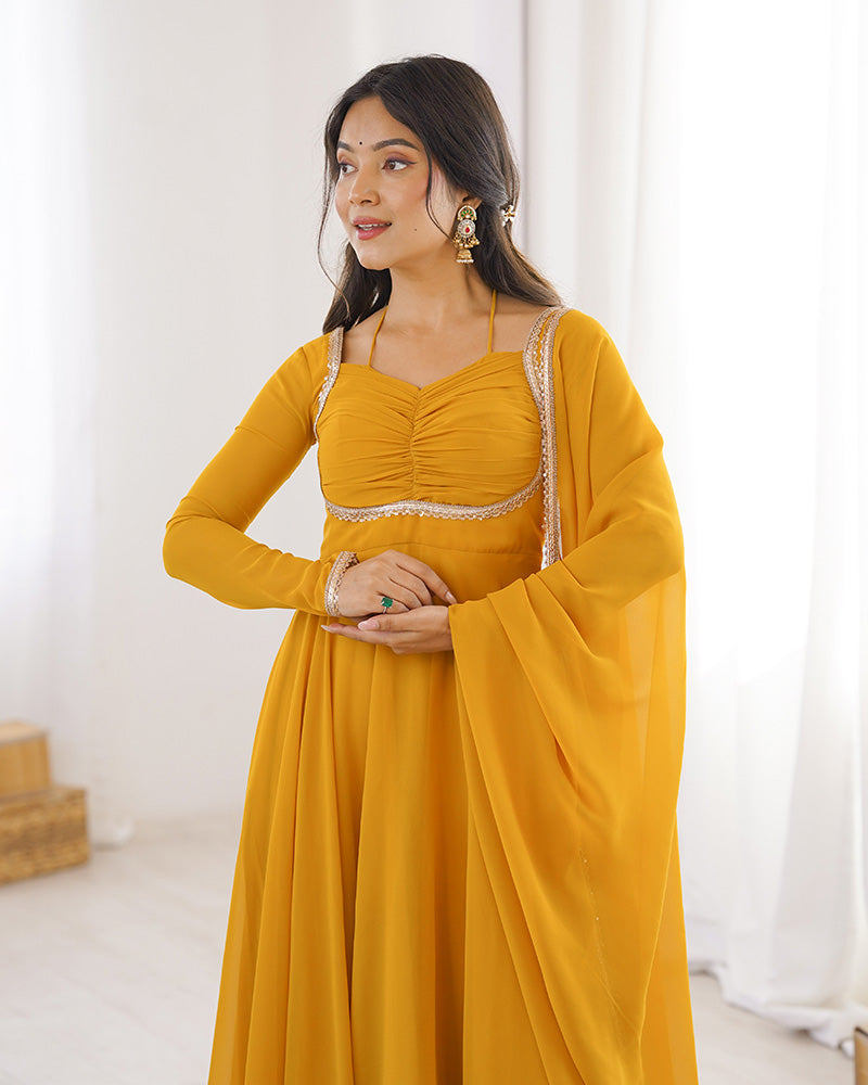 Yellow Color Pure Blooming Georgette Anarkali Gown