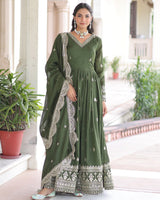 Olive Green Vichitra Silk Sequence Embroidered Gown