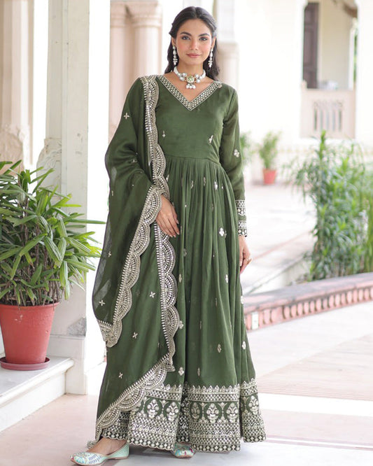 Olive Green Vichitra Silk Sequence Embroidered Gown