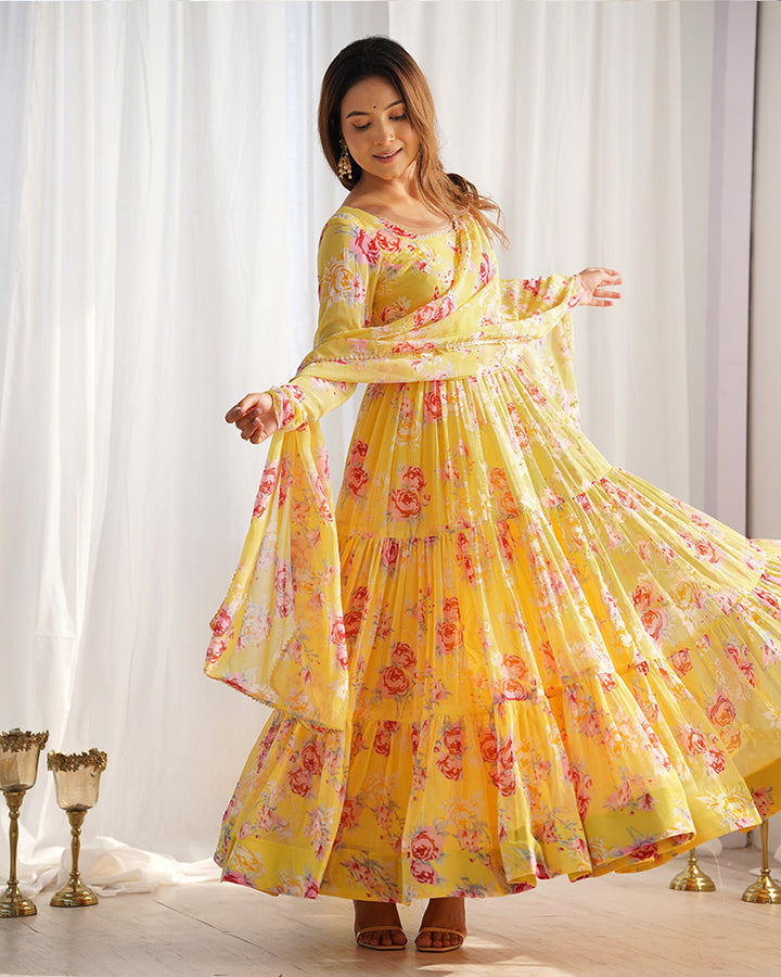 Floral Print Yellow Color Georgette Frill Anarkali Suit