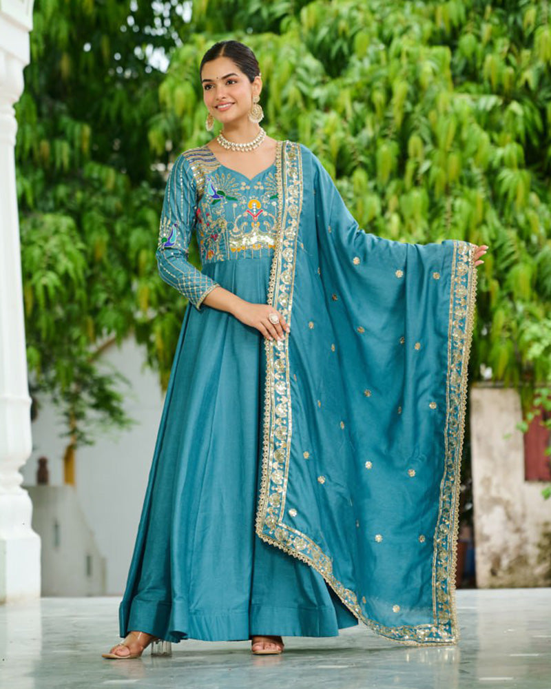 Teal Blue Color Vichitra Silk Sequence Embroidered Gown
