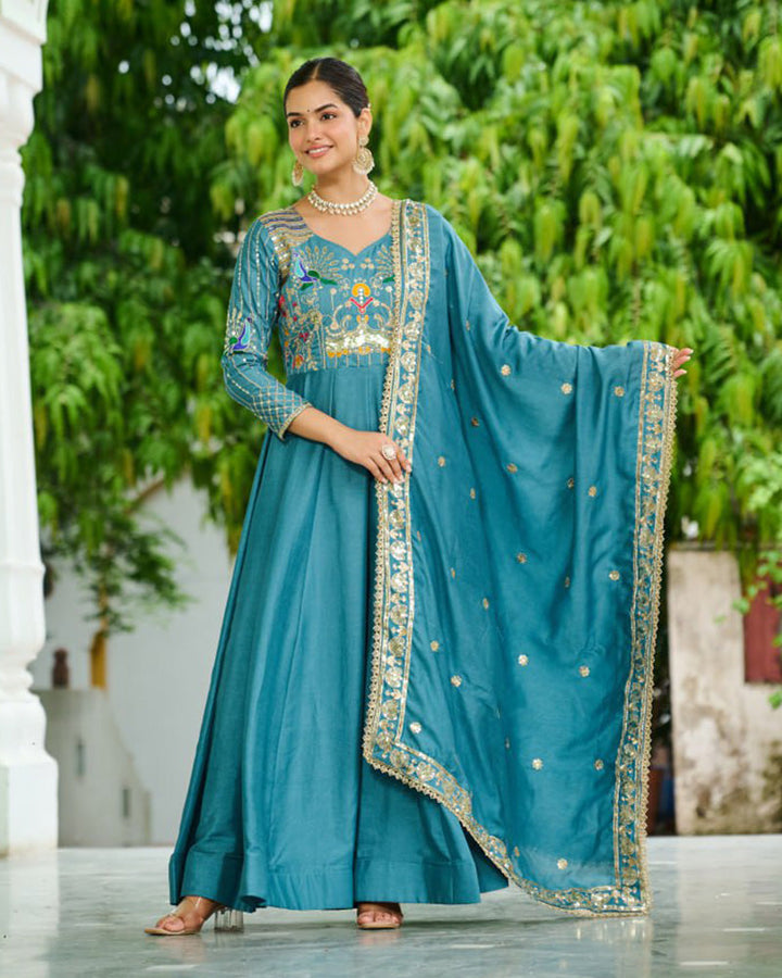 Teal Blue Color Vichitra Silk Sequence Embroidered Gown
