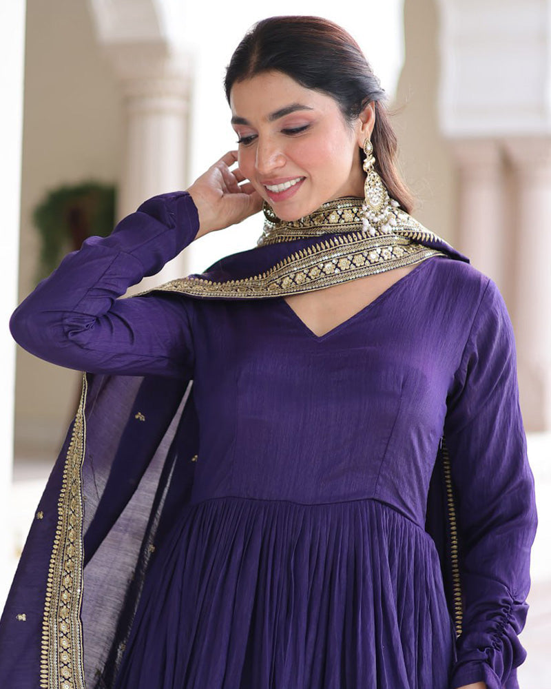 Royal Violet Color Vichitra Silk Sequence Embroidered Gown