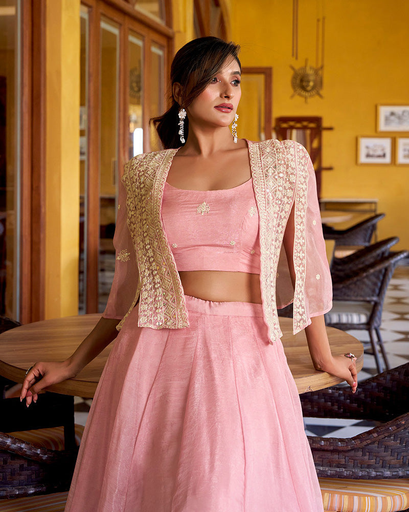 Peach Pink Color Allnene Crush Embroidered Lehenga Choli