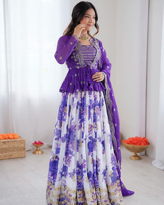 Purple Color Georgette Printed And Embroidered Lehenga Choli