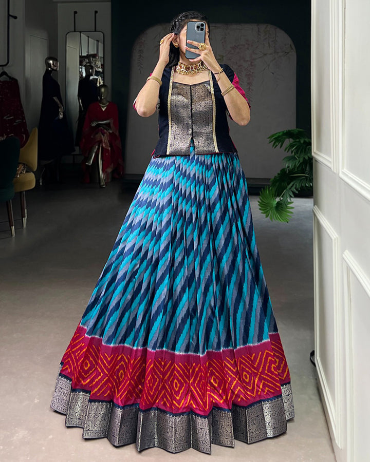 Firozi Color Tasar Silk Printed Zari Weaving Lehenga Choli