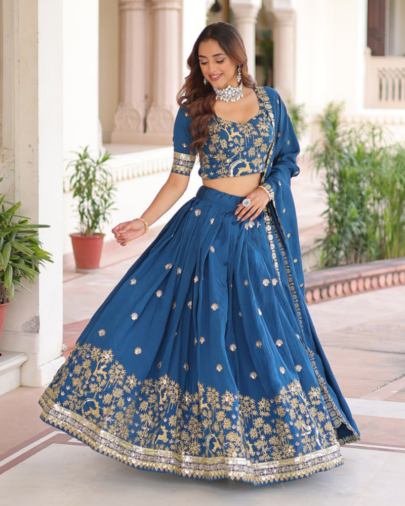 Peacock Blue Color Vichitra Silk Sequence Embroidered Lehenga Choli