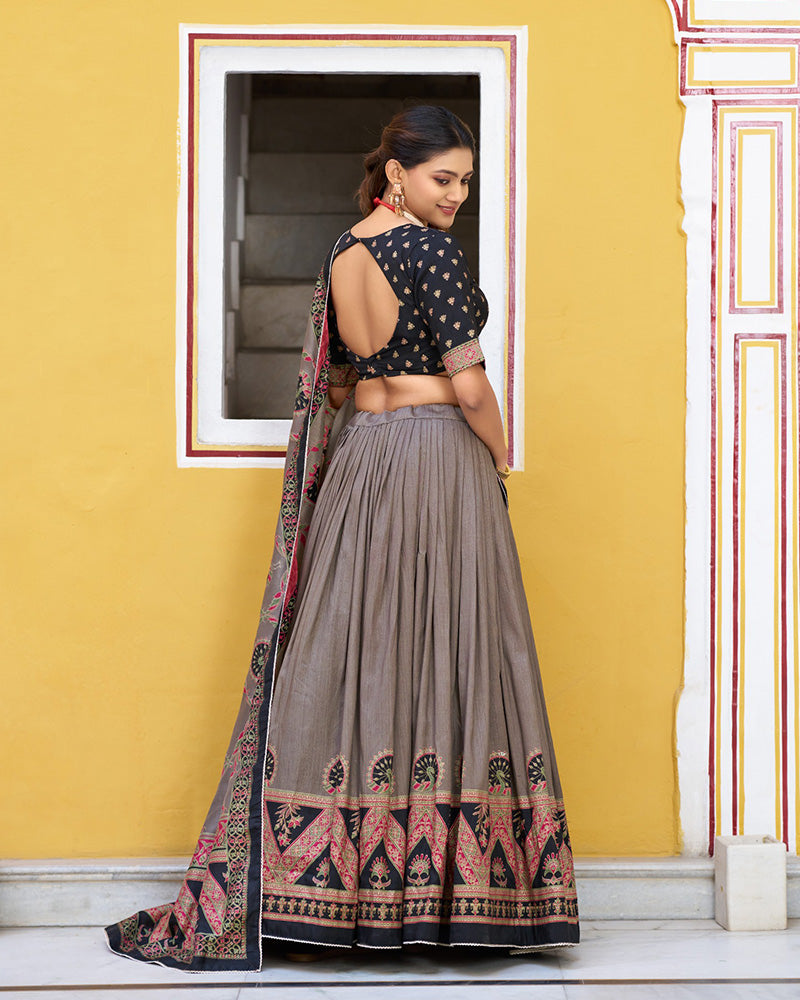 Black Color Tasar Silk Printed Sparkle Lehenga Choli