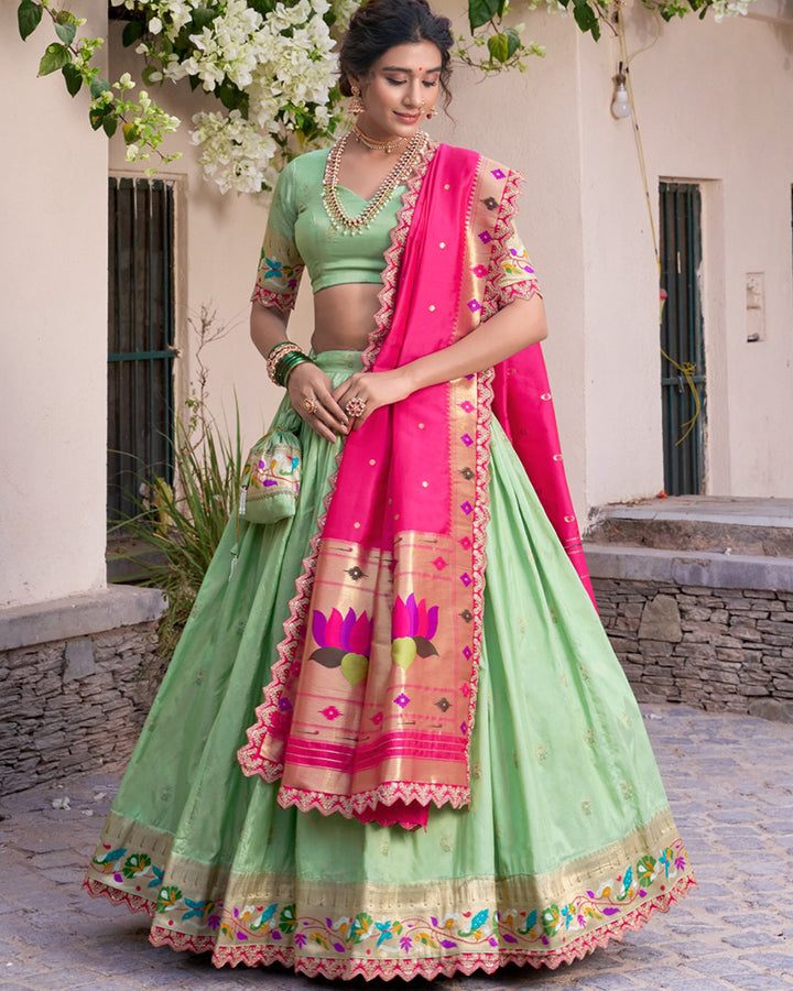 Pista Color Jacquard Silk Designer Lehenga Choli