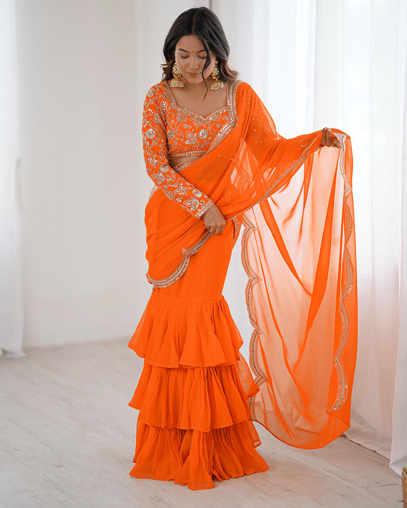 Orange Color Faux Georgette Ruffle Lehenga Saree