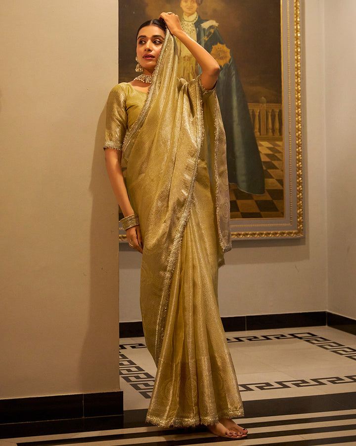 Designer Golden Color Weightless Tissue Shimmer Saree