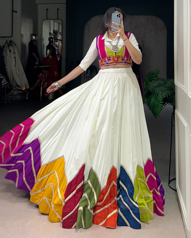 White Lehenga Choli WIth Vibrant Multicolor Flare