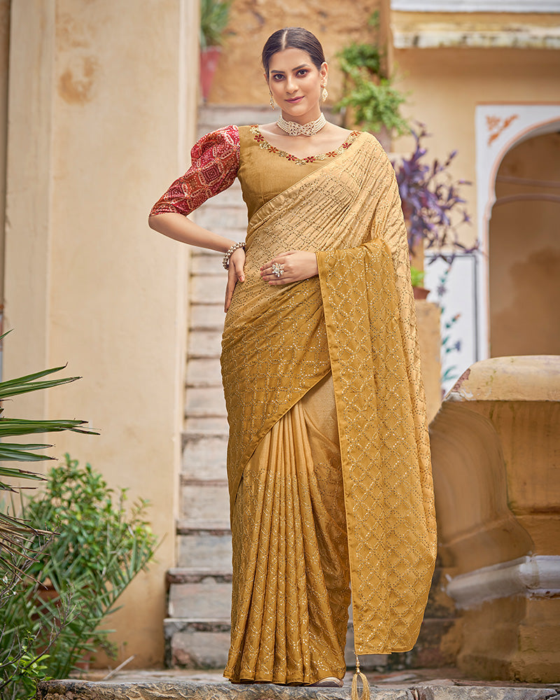 Base Yellow Color Chinnon Sequence Saree