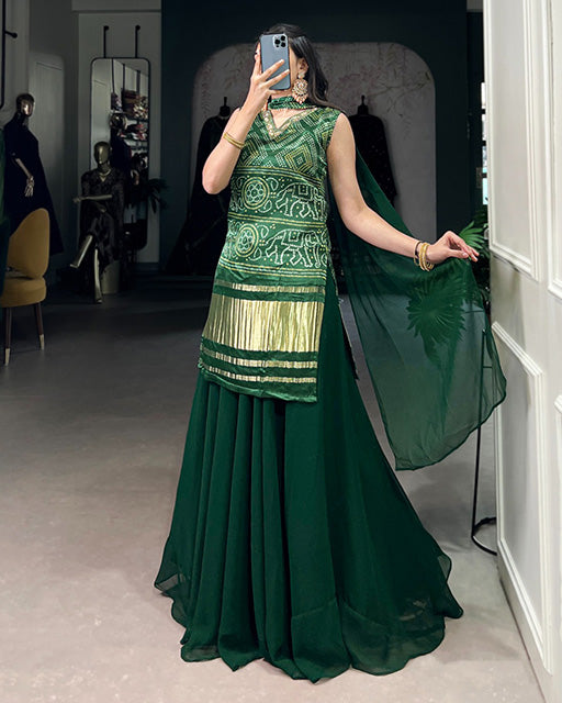 Designer Green Color Gaji Silk Three Piece Plazzo Suit