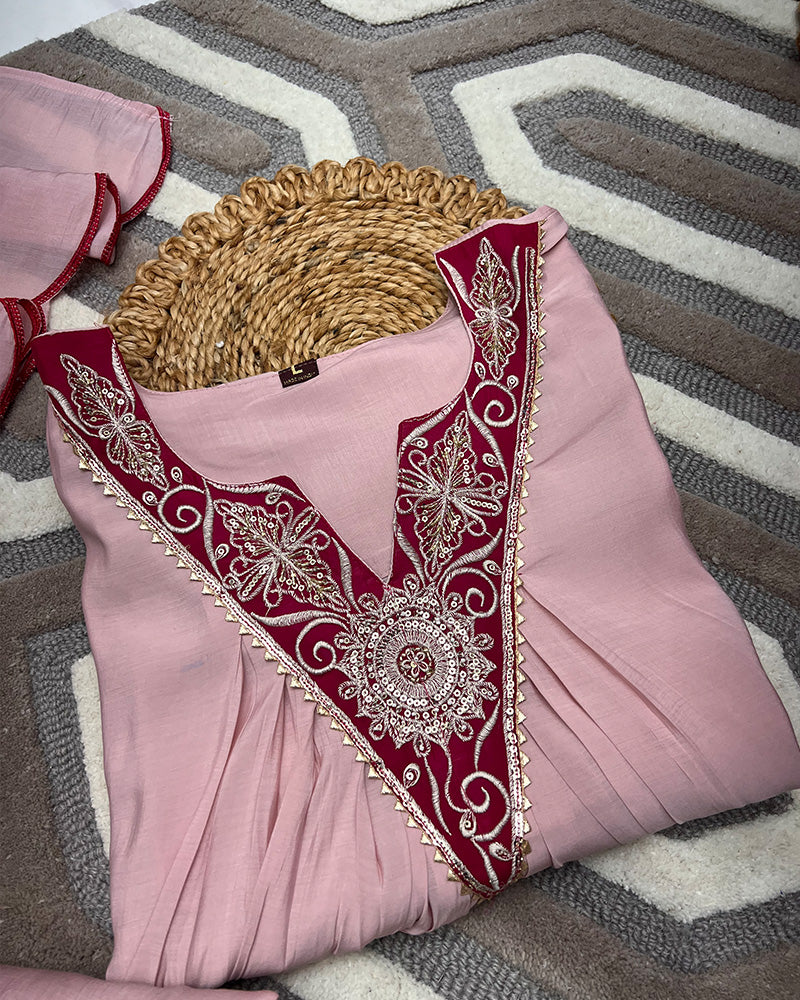 Baby Pink Color Roman Chanderi Plazzo Suit