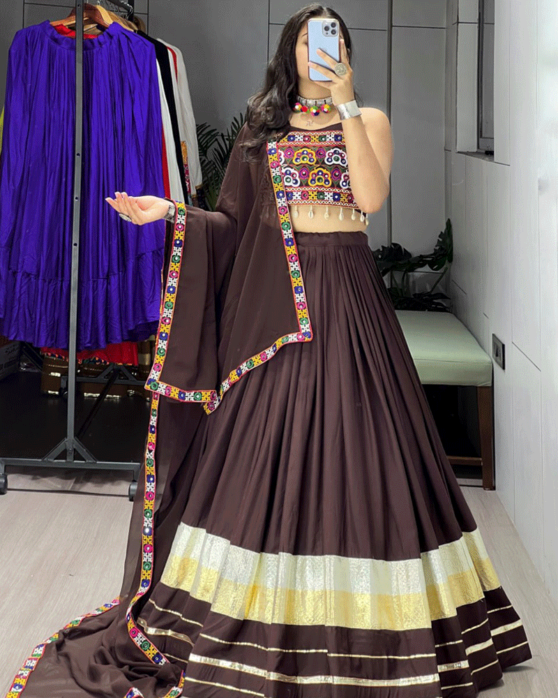 Chocolate Brown Color Rayon Cotton Navratri Lehenga Choli