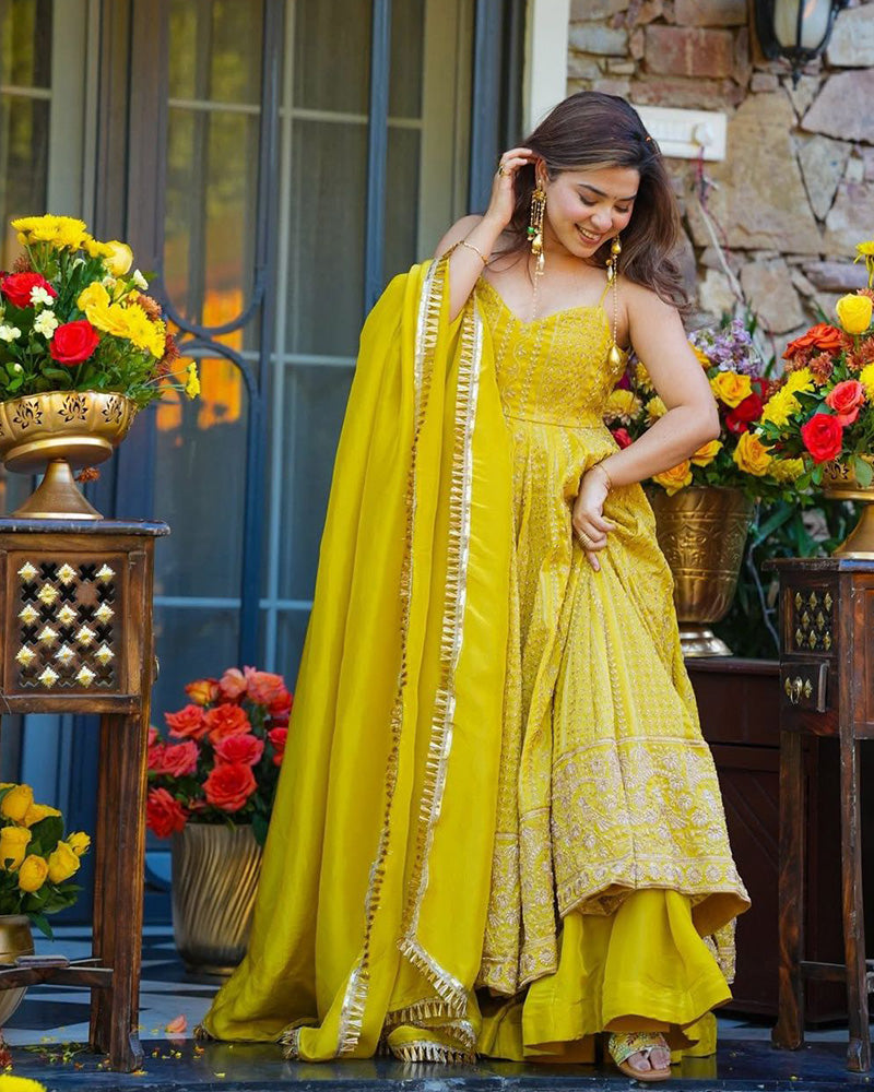 Yellow Color Tebby Organza Embroidered Sharara Suit