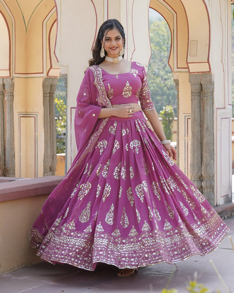 Wedding Wear Onion Color Georgette Embroidery Lehenga Choli