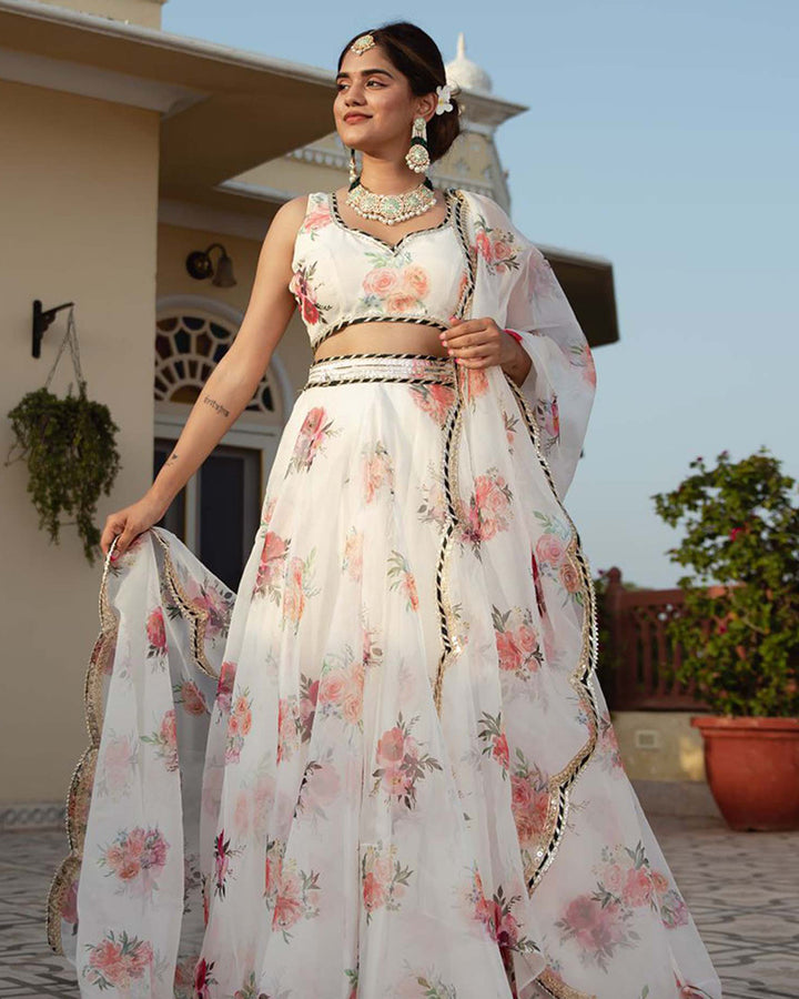 White Color Organza Floral Lehenga Choli