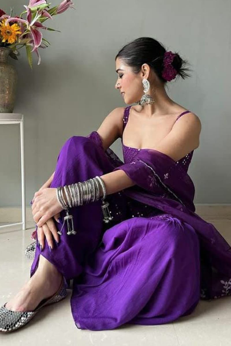 Purple Sequence Work Three Piece Sharara Suit