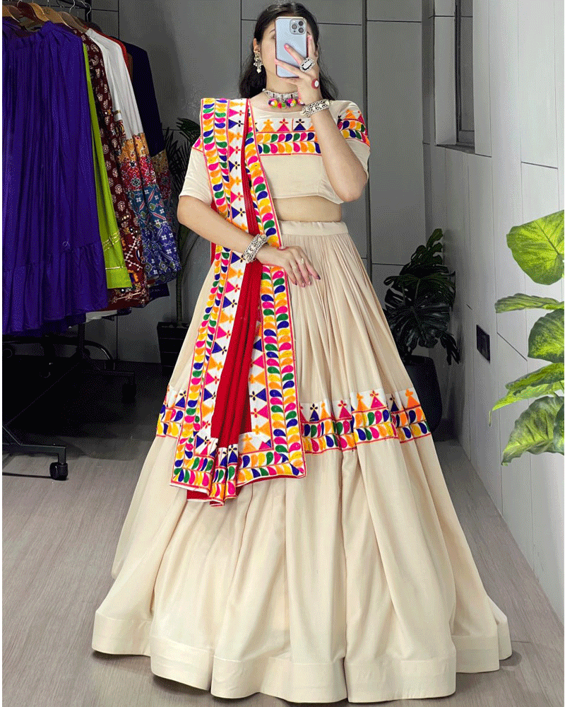 Cream And Maroon Color Rayon Cotton Navratri Lehenga Choli