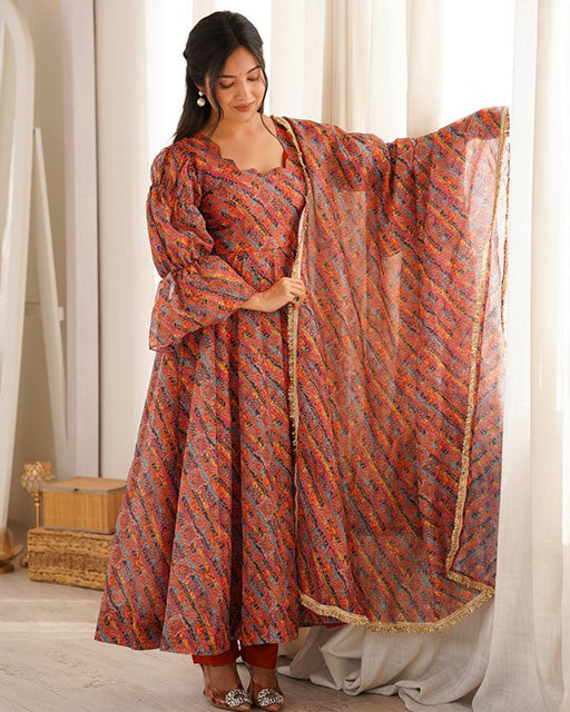 Orange Color Tabby Organza Three Piece Anarkali Suit