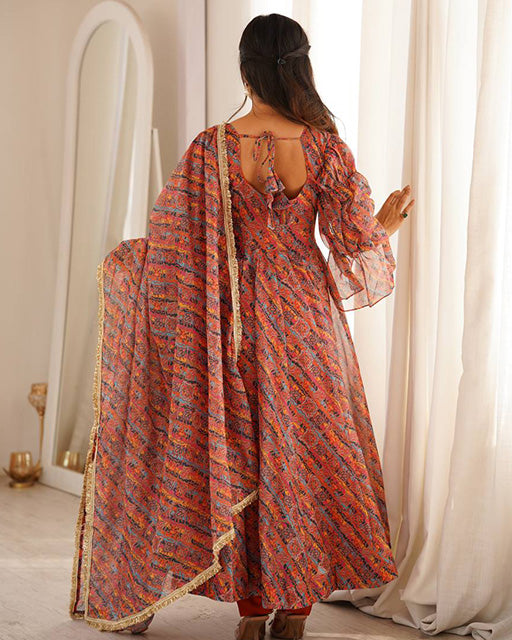 Orange Color Tabby Organza Three Piece Anarkali Suit