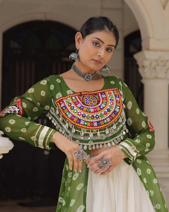 Parrot Green Bandhani Print Gamthi Jacket Choli With Off-White Flared Lehenga