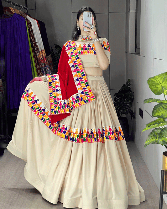 Cream And Maroon Color Rayon Cotton Navratri Lehenga Choli