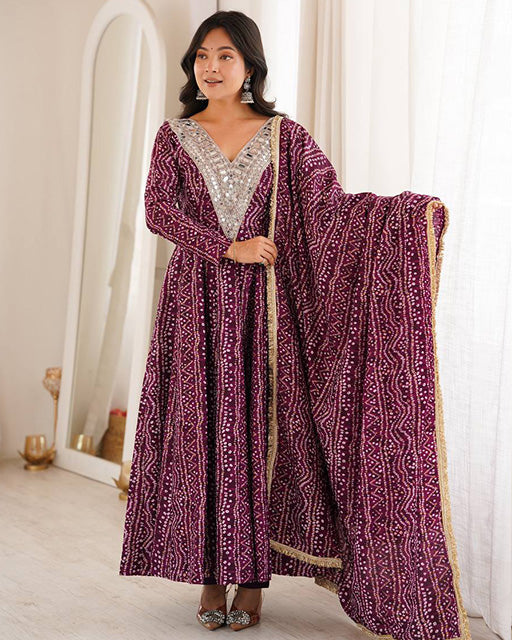 Wine Color Rayon Mirror Embroidered Anarkali Suit