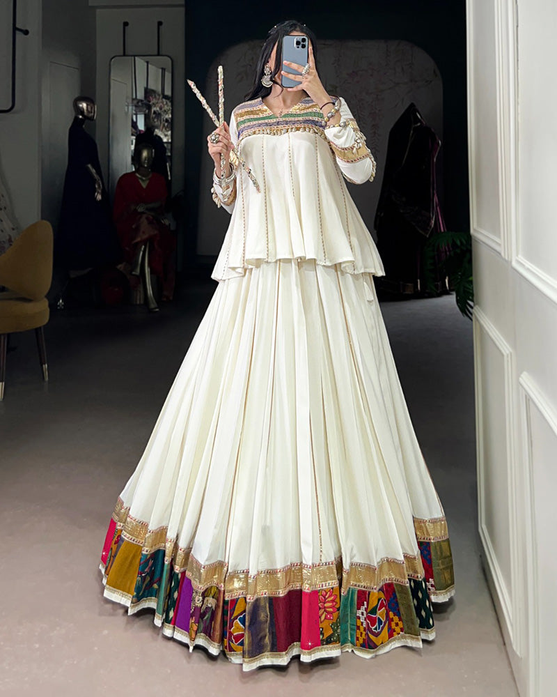 Traditional White Flared Choli With Multicolor Gamthi Border