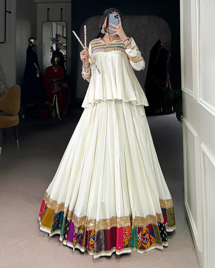 Traditional White Flared Choli With Multicolor Gamthi Border