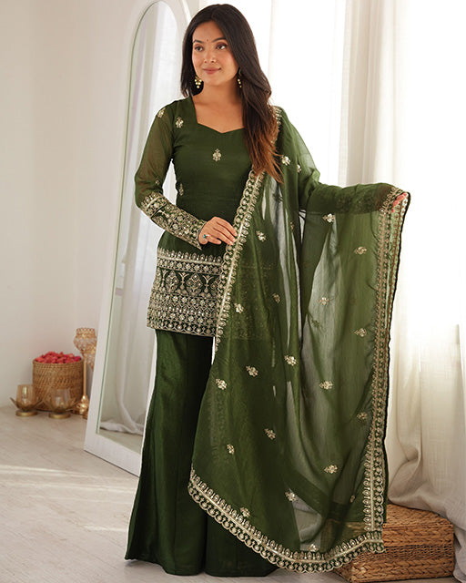 Mehandi Color Crunchy Silk Embroidered Sharara Suit
