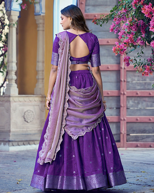 Purple Color Chinon Chex Zari Weaving Half Saree