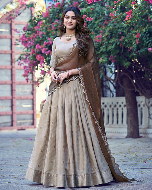 Off White Color Chinon Chex Zari Weaving Half Saree