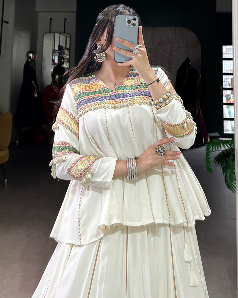 Traditional White Flared Choli With Multicolor Gamthi Border