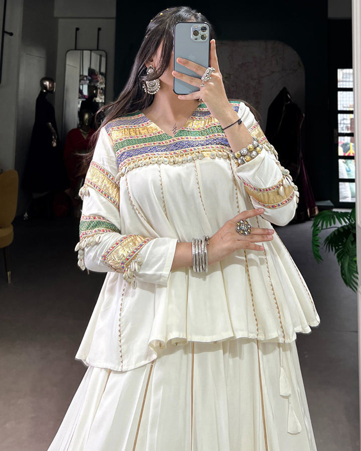 Traditional White Flared Choli With Multicolor Gamthi Border