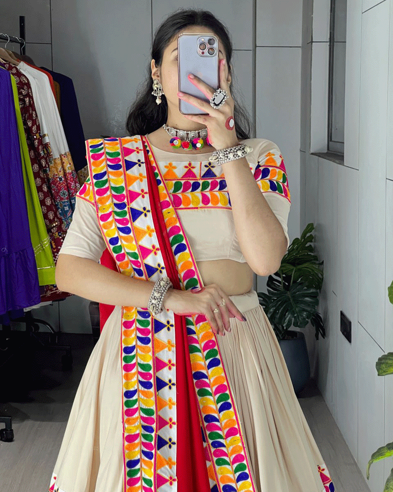 Cream And Maroon Color Rayon Cotton Navratri Lehenga Choli
