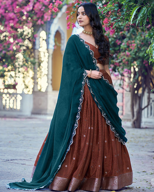 Copper Brown Color Chinon Chex Zari Weaving Half Saree