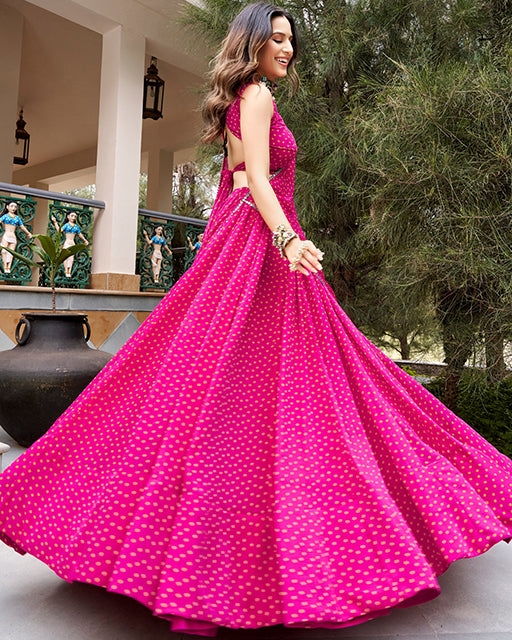 Pink Color Georgette Bandhani Printed Navratri Lehenga Choli