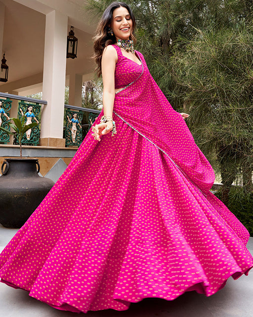 Pink Color Georgette Bandhani Printed Navratri Lehenga Choli