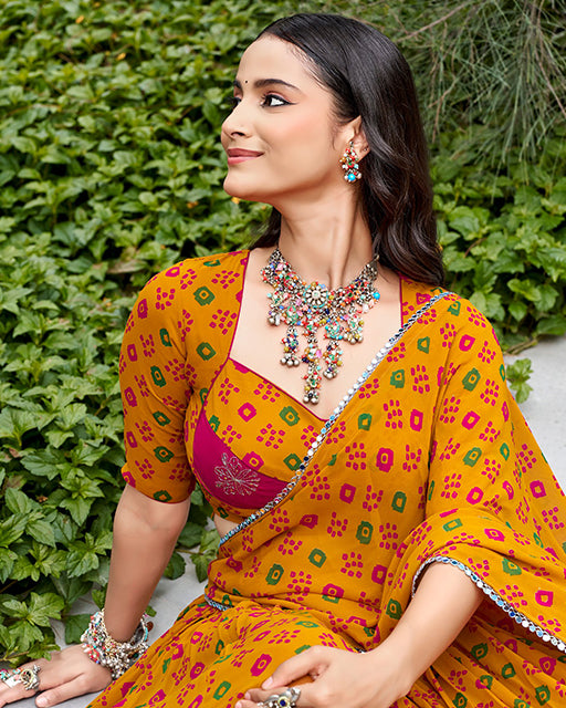 Mustard Yellow Color Georgette Bandhani Printed Navratri Lehenga Choli