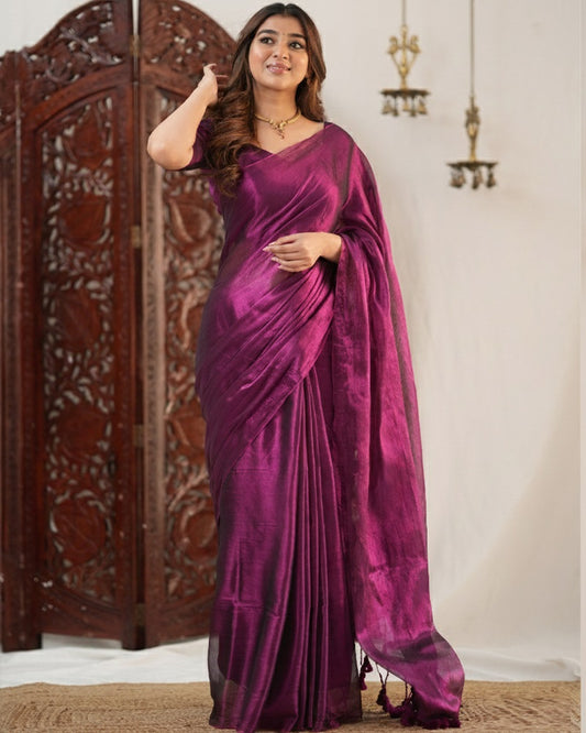 Wine Color Handloom Raga Tissue Cotton Saree