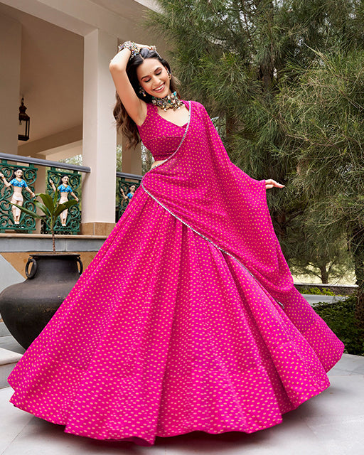 Pink Color Georgette Bandhani Printed Navratri Lehenga Choli