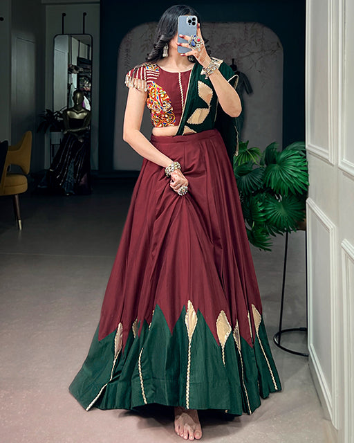 Maroon Color Chinon With Gamthi Work Navratri Lehenga Choli