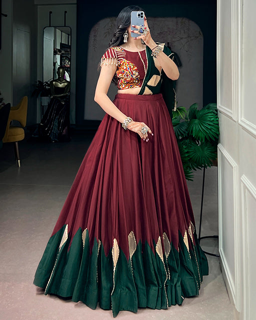 Maroon Color Chinon With Gamthi Work Navratri Lehenga Choli