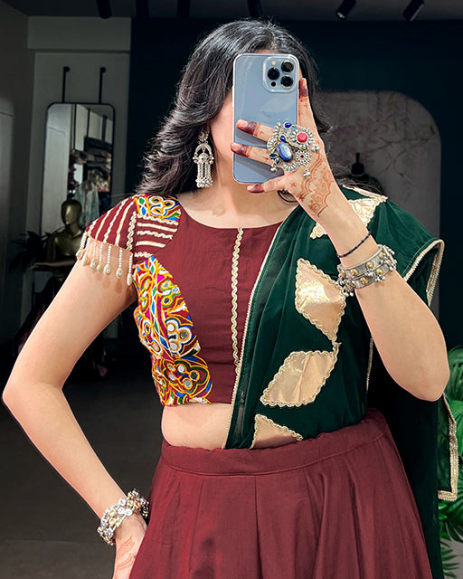 Maroon Color Chinon With Gamthi Work Navratri Lehenga Choli