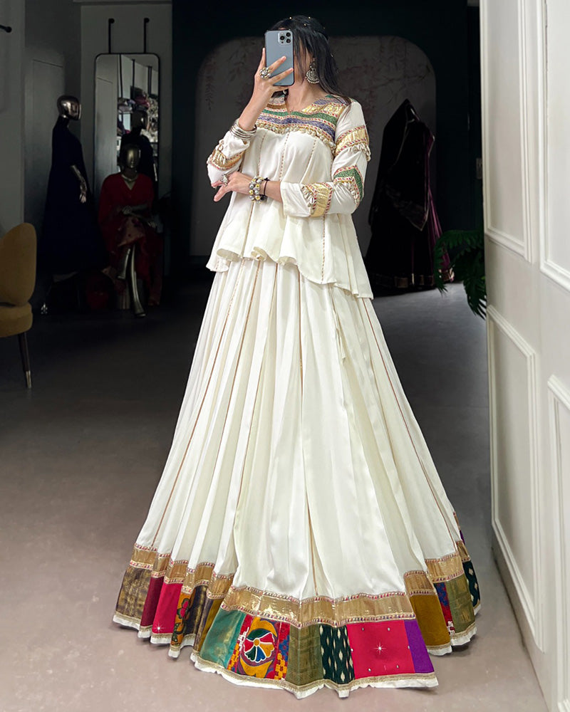 Traditional White Flared Choli With Multicolor Gamthi Border