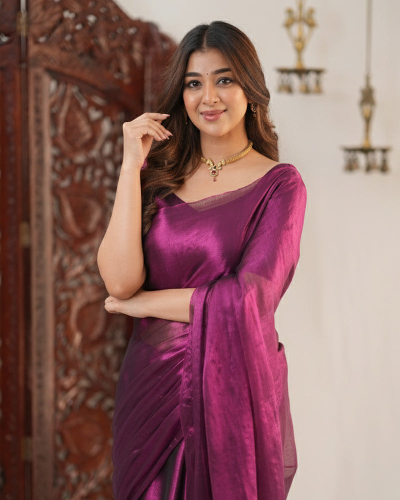 Wine Color Handloom Raga Tissue Cotton Saree