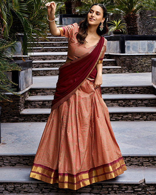 Rich Peach Color Kanchi Cotton Chex Half Saree
